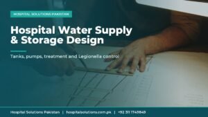 hospital water supply system design - engineers reviewing blueprints